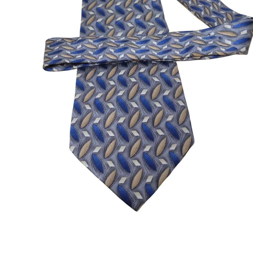 J.Z. Richards Men Silk Necktie Blue Gold Grey Geometric Diamond Pattern USA Made